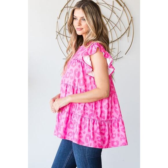 Heimish Tiered Leopard Pattern Ruffled Cap Sleeves Round Neck Blouse | Fuchsia - Picture 8 of 10